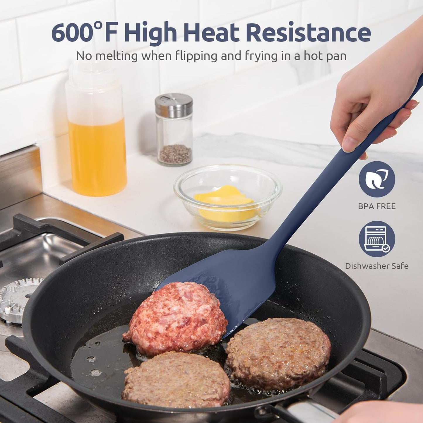 600℉ Heat Resistant Silicone Turner: U-Taste 13.6in Solid Kitchen Spatula Flipper, BPA Free Flexible & Thin Seamless Cooking Utensil for Flipping Egg, Pancake in Nonstick Cookware(Midnight Blue)
