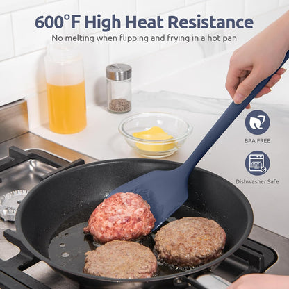 600ºF Heat Resistant Silicone Turners: U-Taste 13.6in Long Solid & Slotted Kitchen Spatula Flipper, Food Grade Wide & Large Flexible Cooking Utensils for Flipping Eggs, Pancakes (Midnight Blue, 2PCS)