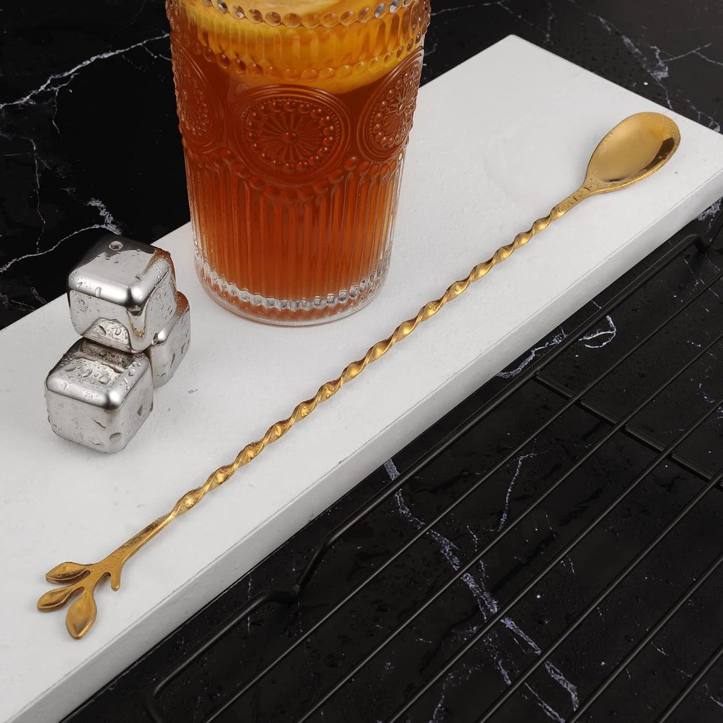 AnSaw Gold 12-Inch Stainless Steel Cocktail Spoon with Leaf Handle - Perfect for Mixing & Layering Drinks in Tall Cups, Bar & Shakers - Durable Long Handle Bar Stirrer,1-Pieces