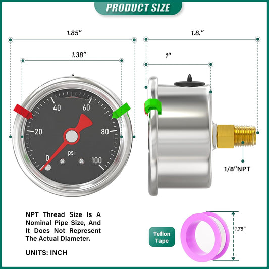 0-100PSI Stainless Steel Glycerin Filled Pressure Gauge 1.5" Black Dial Size, 1/8" NPT Back Mount, for Tube, Water Pump, Gas, Liquid, Pressure Test (with Range Mark Pointer)