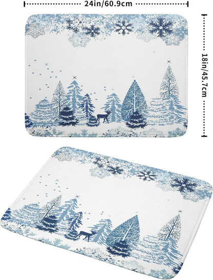 Winter Blue Snowflake Dish Drying Mat Christmas Tree Kitchen Counter Dish Drainer Mats Xmas Forest Deer Moose Dish Dry Pad Bottles Protector for Kitchen Countertop Coffee Bar, 18x24 inch Large