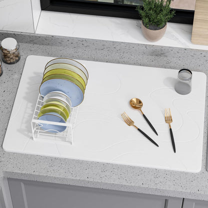 Large Stone Drying Mat for Kitchen Counter, 24" × 16" Diatomite Dish Drying Mat, Quick Dry Stone Mats, Ultra Absorbent Natural Diatomaceous Earth Mats for Dished, Bottles, White