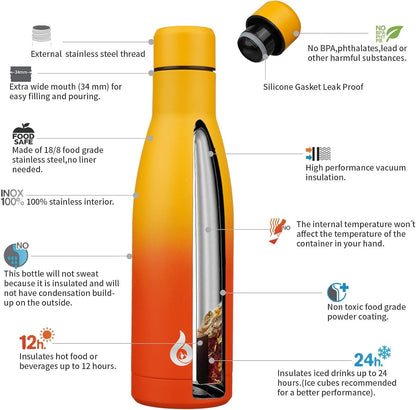 BJPKPK Insulated Water Bottle 17oz Stainless Steel Water Bottles Dishwasher Safe Reusable Metal Thermos Keep Cold and Hot,Sunset Orange