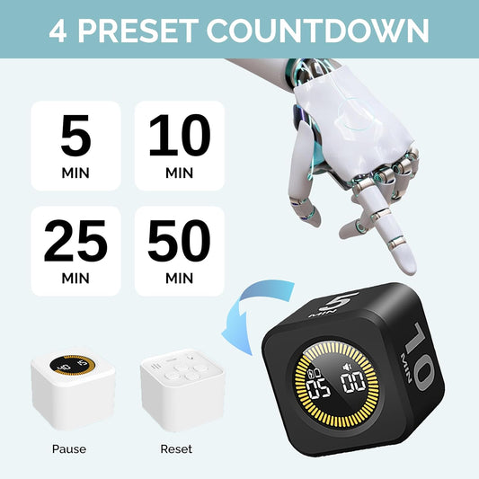 KADAMS Pomodoro Cube Timer Productivity Visual Timer - 5/10/25/50 Min Rotating Countdown, Customize Countup Silent Mode- for Work Study Cook Workout Kitchen Back to School Classroom(Black)