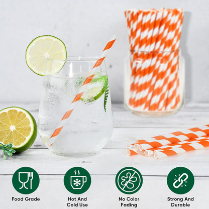 5.75 inch Orange Paper Cocktail Straws, Short Disposable Drinking Straws 500 Counts, Unwrapped - Compostable