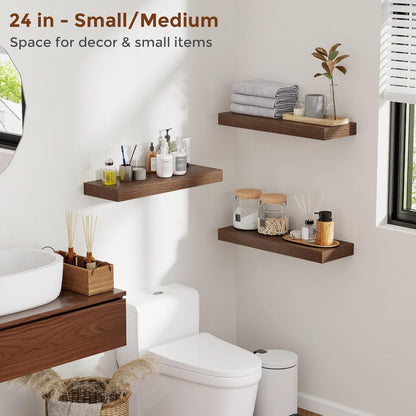 Heimlove 24 Inch Floating Shelves for Wall Walnut Shelves Set of 2,Wall Mounted Rustic Wood 8 Inch Deep Floating Shelf with Invisible Brackets for Bedroom Kitchen Living Room