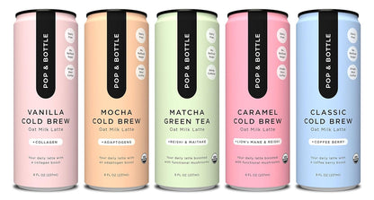Pop & Bottle, Oat Milk Lattes - Maca, Antioxidants, Ashwagandha, MCT Oil, Collagen, Mushrooms, Organic, Dairy & Gluten Free, Great as Iced Coffee, Lightly Sweetened with Dates - 8 Fl Oz (5 Pack)