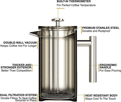 Barista Warrior French Press with Thermometer - Insulated Coffee Press - Stainless Steel Coffee Maker (1.0L | 34 fl oz) (White)