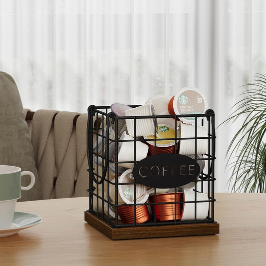 YINMIT K Cup Holder Organizer, Rustic Coffee Pod Holder Organizer, 35 Kcup Holder for Counter with Handle，Large Capacity Black Wire Coffee Capsule Basket for Kitchen Office Desktop (Square Grid)