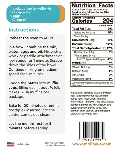 Molibake Vanilla Muffin Mix – Pack of 2 – Premium Vanilla Muffins Baking Mix for Home Oven and Muffin Maker – 14 oz – All-Natural Easy-to-Use Mix for Fluffy, Bakery-Style Homemade Muffins