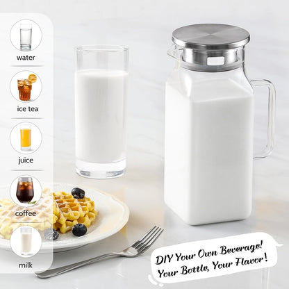 40 oz,1.2Liter Square Glass Pitcher with Lid and Spout, Breast Milk Pitcher with Handle for Fridge, Borosilicate Glass Carafe for Hot/Cold Drink, Small Jug for Iced Tea, Coffee,Water Storage Container