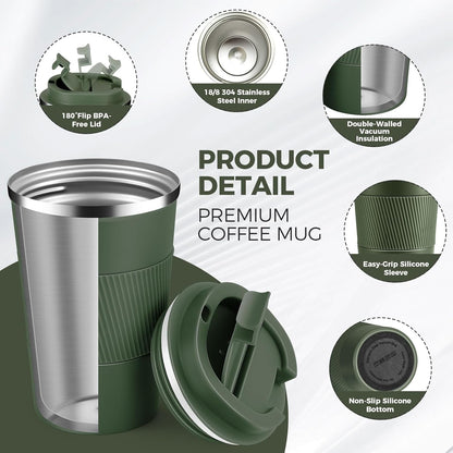 Volhoply 13 oz Stainless Steel Insulated Travel Coffee Mug with Fip Lid,Reusable Double Wall Vacuum Metal Coffee Cup,Portable to Go Leak Proof Cafe Thermal Tumbler for Hot & Cold Drinks(Army Green,1)