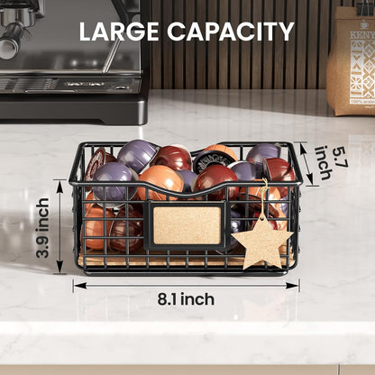 Coffee Pod Holder for Counter and Bar - Large Capacity Black Wire Storage Organizer With Cork Liner - Bar Accessories