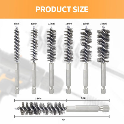 Bore Brush for Drill – 6pcs Stainless Steel Wire Tube Brush in Different Sizes, Twisted Wire Cleaning Brush with 1/4" Hex Shank, bore Brush Copper Pipe Cleaner for Power Drill & Tube Cleaning