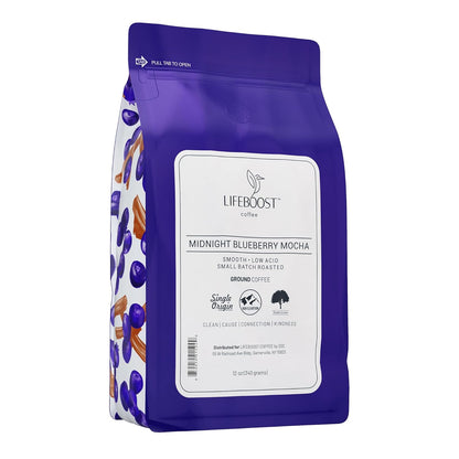 Lifeboost Midnight Blueberry Mocha Ground Coffee - Low Acid Single Origin Coffee - Non-GMO Wild Blueberry Coffee Grounds Third Party Tested For Mycotoxins & Pesticides - 12 Ounces