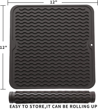 Silicone Dish Drying Mat for Multiple Usage,Easy clean,Eco-friendly,Heat-resistant Silicone Mat for Kitchen Counter or Sink,Refrigerator or Drawer liner Coffee M 12 inches x 12 inches