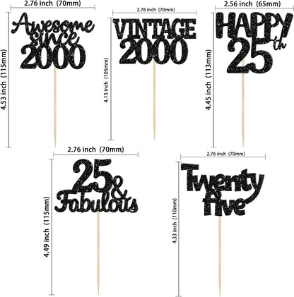 Gyufise 30Pcs Vintage 2000 Cupcake Toppers Glitter 25th Birthday Cake Decorations - Black