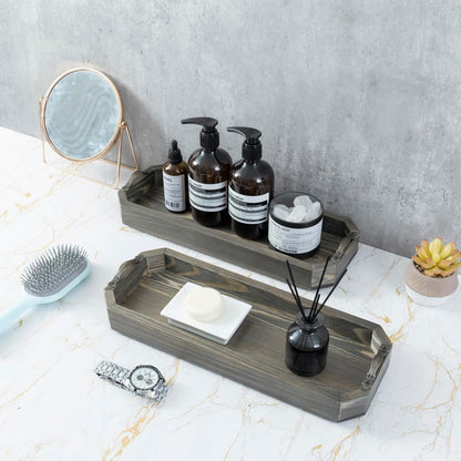MyGift 2 Piece Narrow Wooden Vanity Tray, Vintage Gray Solid Wood Toilet Tank Tray, Decorative Octagonal Cosmetic Organizer with Antique Metal Handles