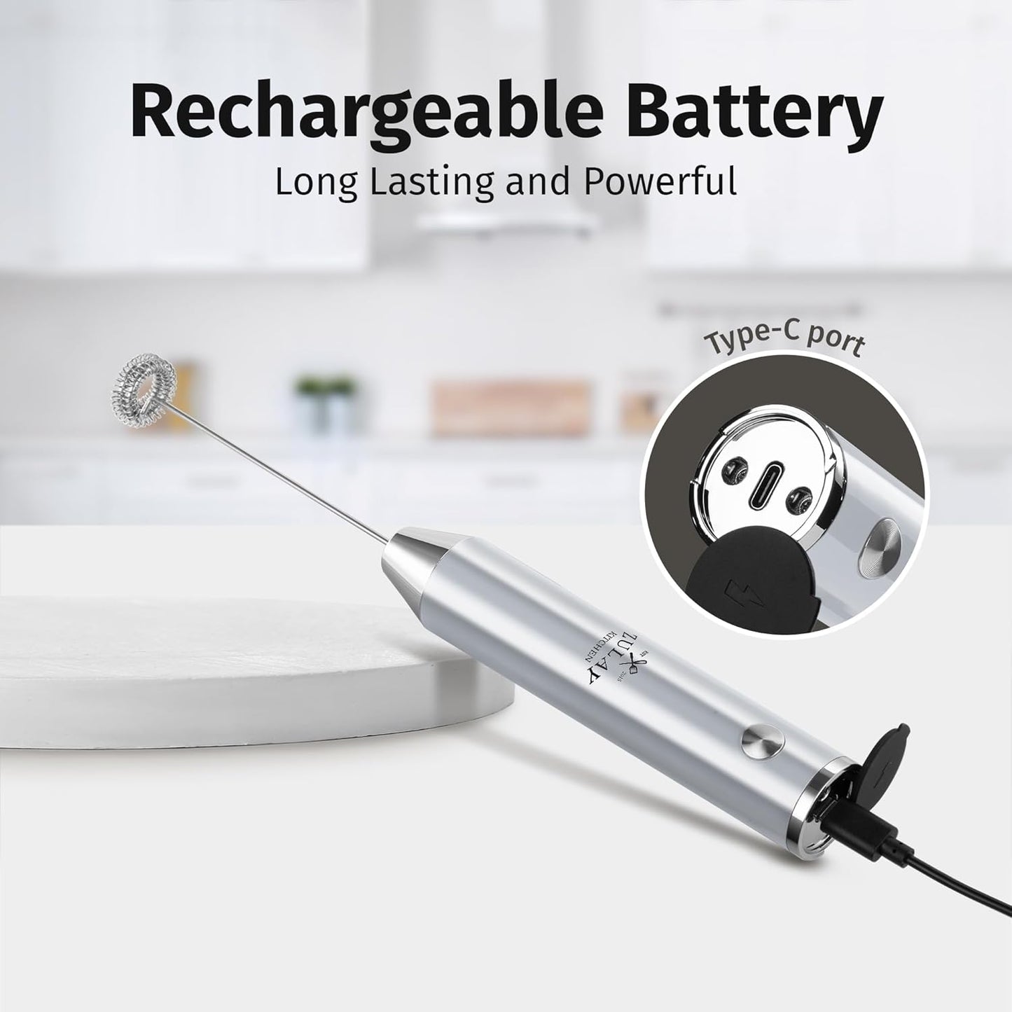 Zulay Kitchen Lux Rechargeable Milk Frother Handheld - Powerful 2-Speed Motor, Fully Waterproof, 2000mAh Battery - Drink Mixer For Latte, Cappuccino, Matcha, Protein Powder - Silver