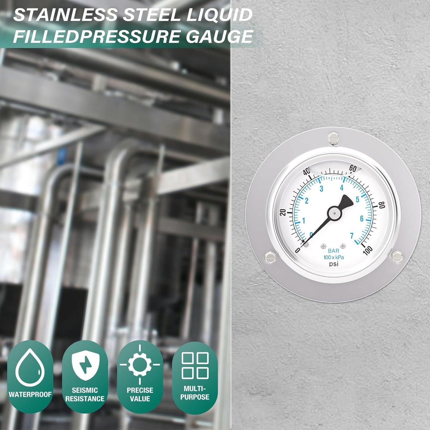 0-100PSI Panel Mount Front Flanged Glycerin Filled Pressure Gauge, 2.5" Dial Size, 1/4" MNPT Back Mount, Stainless Steel Case, with Phillips Screw and Nut, for Water, Gas, Liquid Pressure