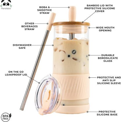 Pandaloo® Glass Cups With Lids and Straws -20 Fl Oz- Perfect Size Iced Coffee Cup - Smoothie Cup With Bamboo Lid and On the go Lid - Glass Tumbler With Straw (1 Count (Pack of 1), Vanilla Cream)