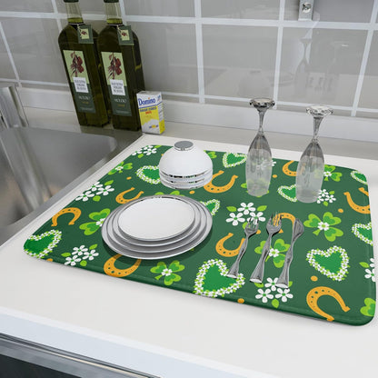 Giwawa Lucky Clovers Dish Drying Mat 18x24 inch St Patrick's Day Shamrocks Horseshoes Floral Dish Drainer Mats Spring Flower Leaf Microfiber Dish Drying Pad for Kitchen Countertop Large Decor