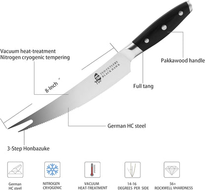 TUO Carving Knives & Forks - Barbecue knives 8'' - Meat Cutting Fork-Shaped Tip Utility bbq Knives - German X50CrMoV15 Steel Knife - Full Tang Pakkawood Handle with Gift Box - BLACK HAWK Series