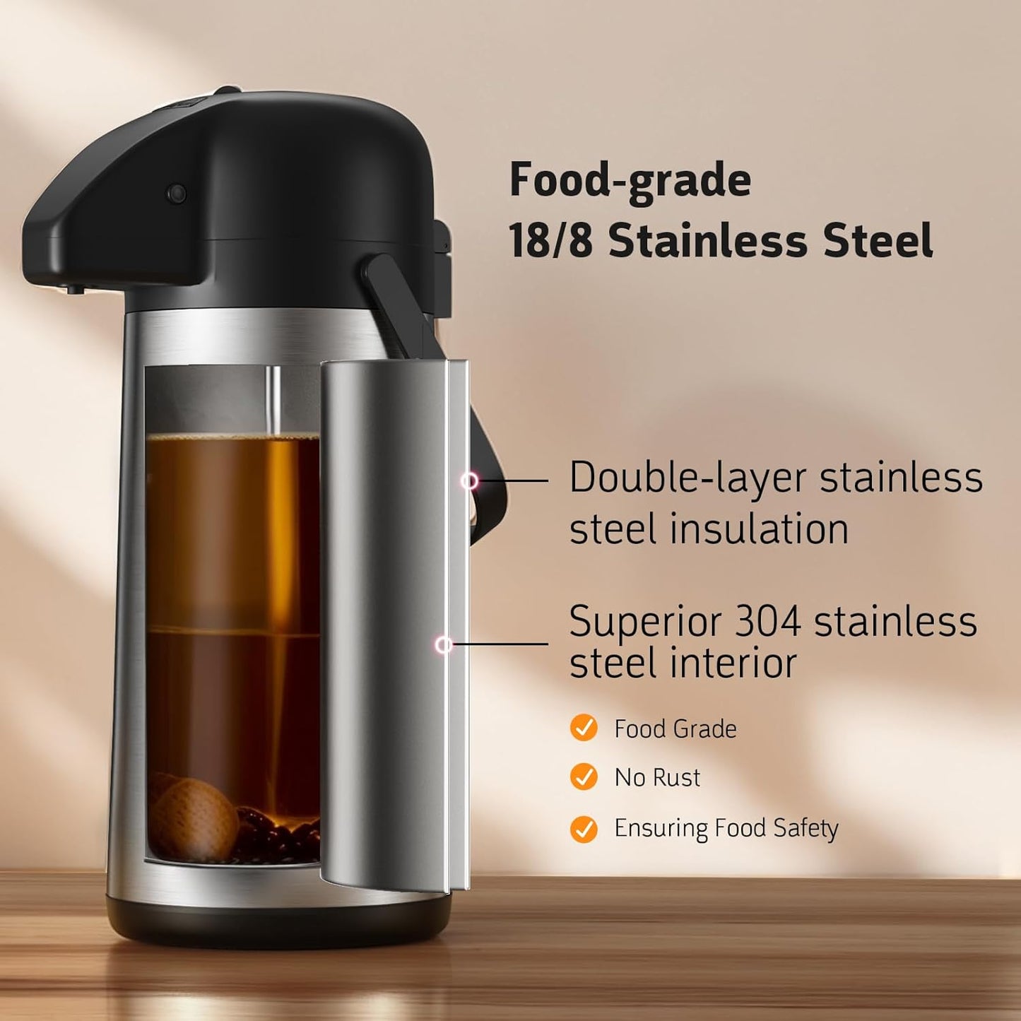 Airpot Coffee Carafe for Keeping Hot - 85 OZ / 2.5L Large Coffee Dispenser with Pump - Insulated Stainless Steel Thermos Urn for Hot Drinks Water Tea Chocolate - Thermal Beverage Dispenser for Parties