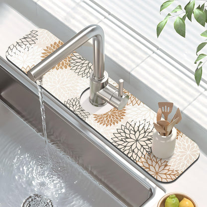 Findosom 2PCS 16" x 24" Dish Drying Mat & 24" x 5.5" Sink Splash Guard, Super Absorbent & Cuttable Dish Mat Drying Kitchen Mat with Brown Floral, Hide Stain Drying Mat for Kitchen Counter