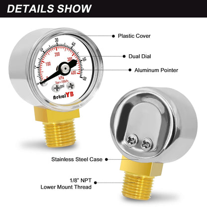 1-Inch Mini Pressure Gauge, 0-60 PSI / 0-400 kPa, Dual-Scale Dial, 1/8” NPT Bottom Mount, Stainless Steel Gauge for Coffee Machines, Motorboats, Water Pumps, and Pneumatic Tools