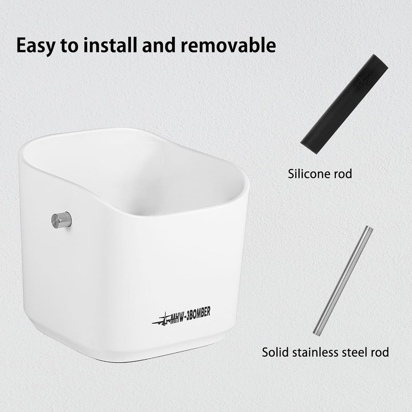 MHW-3BOMBER Coffee Knock Box Mini Espresso knock box Square Non-Slip With Removable Knock Bar (White Set, 1.2L)