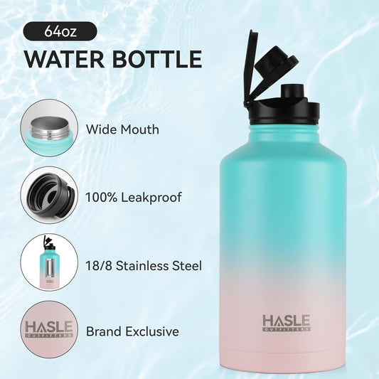 HASLE OUTFITTERS Half Gallon Insulated Water Bottles 64 oz, Stainless Steel Metal Water Jug with 2 Lids Keep Cold 48h/Hot 24h, Leak Proof & BPA-Free Water Flask Jug(Pink Blue Gradient,1)