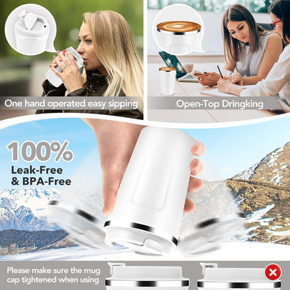 Volhoply 12 oz Double Wall Insulated Vacuum Travel Coffee Mug with Flip Lid,Reusable Stainless Steel Leak Proof Coffee Cup,Portable Iced Cafe Thermal Tumbler Suitable for Hot&Cold Drinks(White,1 Set)
