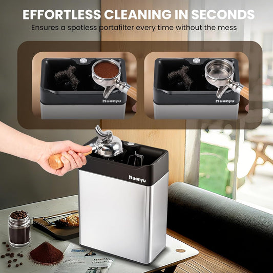 Huanyu Portafilter Cleaner Electric, 6L Large Capacity, with Dual Brush Heads, 3 Scrapers for 58mm and 51mm Portafilters, Automatic Coffee Grounds Cleaning Machine