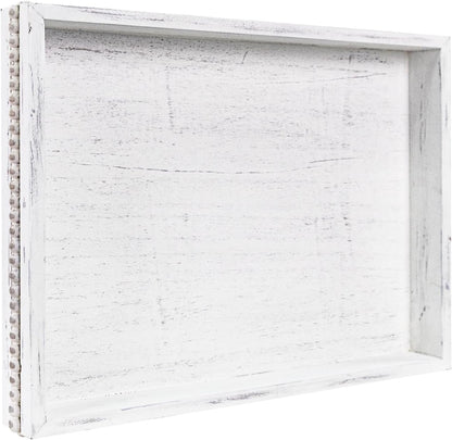 Wooden Decorative Tray, Rectangular Serving Tray with Wood Bead, Farmhouse Big Tray for Ottoman, Countertop, Coffee Tabl, 16.5" x 13"x 1.6" (Retro White)