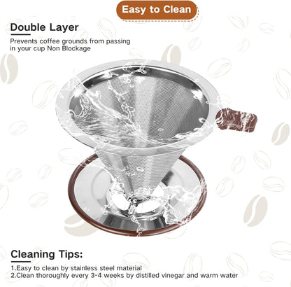 Pour Over Coffee Dripper，Reusable Stainless Steel Drip Cone Coffee Filter, Update Double Ultra Fine Micro Mesh Filter, Professional Paperless Drip Brew Coffee Cone Maker with Cup Stand,1-4 Cup
