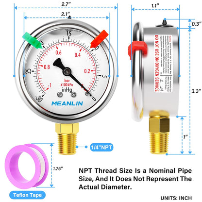 MEANLIN MEASURE -30inHG~0Psi Vacuum Pressure Gauge 1/4" NPT 2.5" FACE DIAL, Stainless Steel Liquid Filled Pressure Gauge WOG Water Oil Air Lower Mount (with 2PCS Snaps)