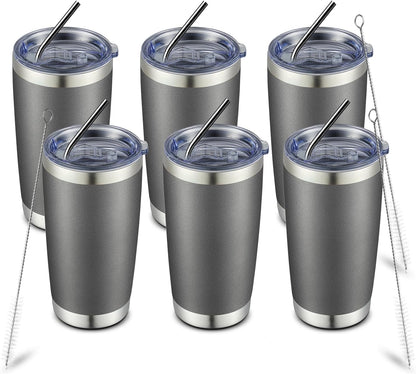 COMOOO 20oz Double Wall Vacuum Insulated Travel Mug, Stainless Steel Tumbler with Lid, Durable Powder Coated Insulated Coffee Cup for Cold & Hot Drinks (Cold Grey, 6 Pack)