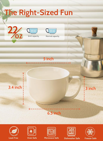 Sweese Porcelain 22oz Large Coffee Mugs Set of 4, Large Soup Mug with Handles Perfect for Coffee, Tea, Hot Chocolate, Microwave Safe, White