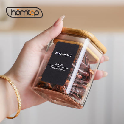 10Pcs 7oz Spice Jars Glass Container with 275 Labels, Airtight Seasoning Empty Organizer with Bamboo Lid Set for Pepper, Salt, Sugar