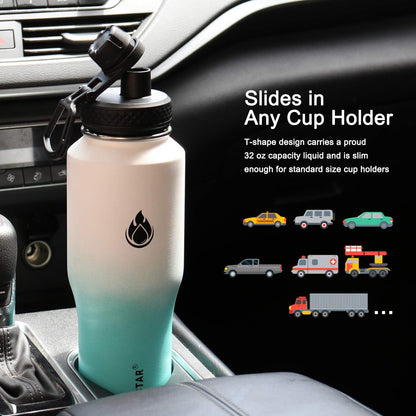 SENDESTAR Water Bottle 32oz,2 Lids(Straw lid),Wide Mouth Stainless Steel Vacuum Insulated Double Wall Keep Liquids Cold or Hot All Day,Sweat Proof Sport Design,Fit Car Cup Holder(White&Tiffany)