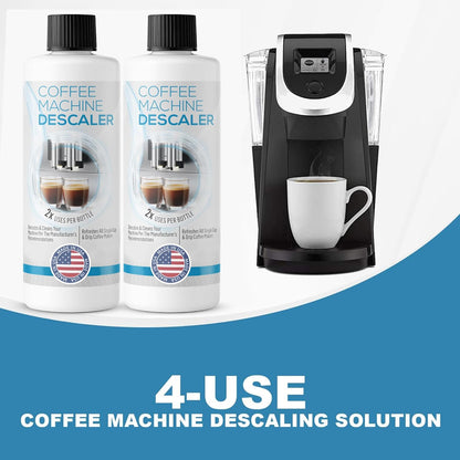 Descaling Solution for Coffee & Espresso Machines - 2 Bottle Pack (4 Uses) - Universally Compatible Descaler Cleaner for Keurig, Breville, Nespresso, Delonghi & All Single Use or Drip Machines