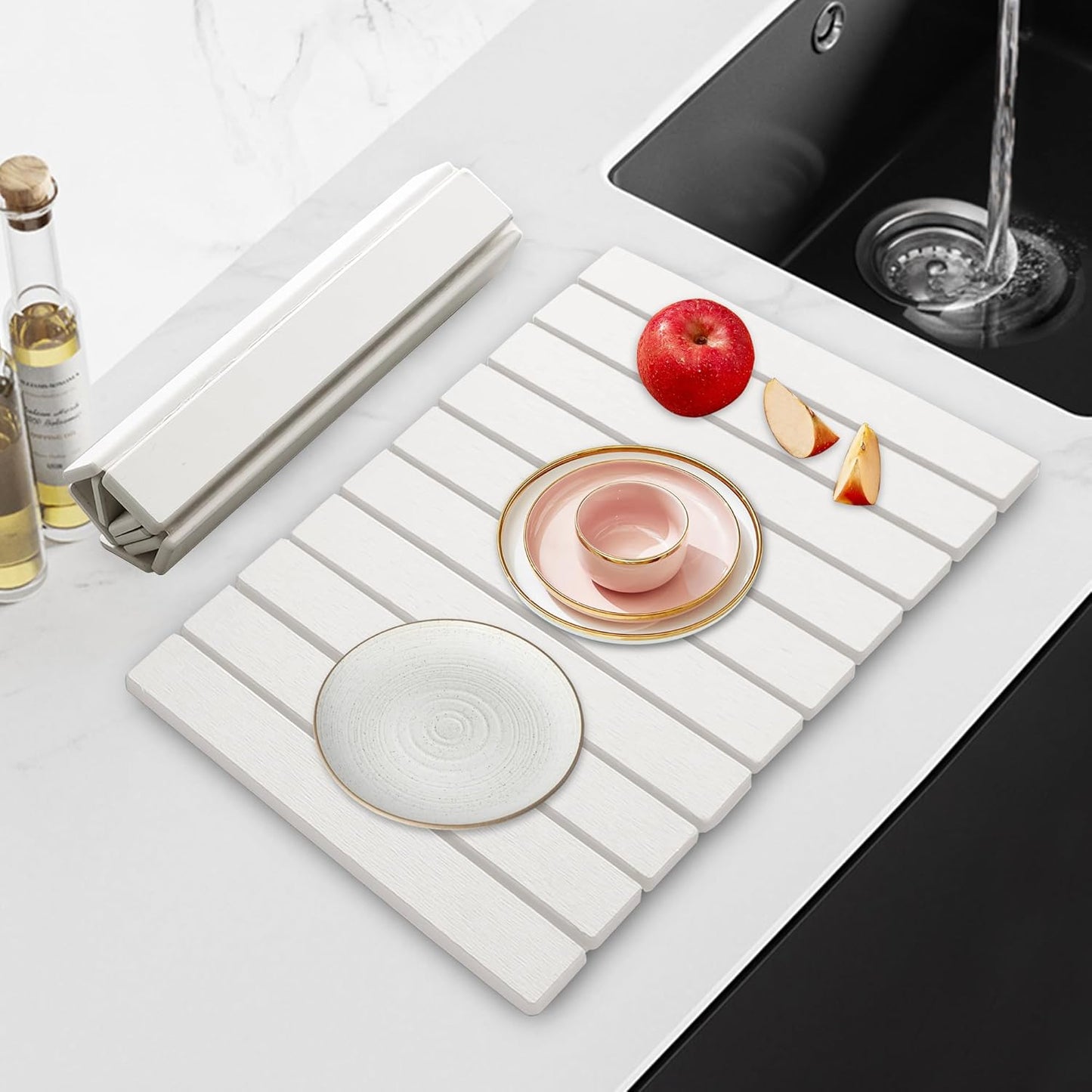 Large Stone Dish Drying Mat for Kitchen Counter, 24" x 16"Fast Dry Stone Mat, Super Absorbent Dish Drying Mat, Drying Board Diatomaceous for Kitchen, Utensils, Fruits, Instant Drying Stone Mat, White