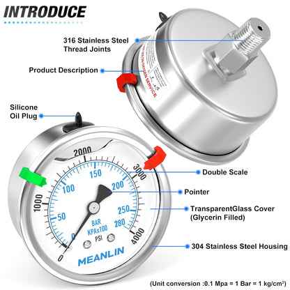 MEANLIN MEASURE 0~4000Psi Stainless Steel Liquid Filled Pressure Gauge 2.5" FACE DIAL 1/4" NPT for WOG Water Oil Air Back Mount with Stainless Steel Hex Bushing and Snaps