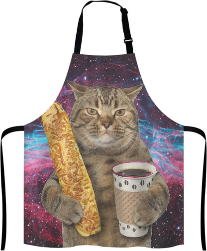 Funny Galaxy Cat Adjustable Bib Apron, The cat is holding a cup of black coffee and a baguette Cooking Kitchen Apron for Men Women