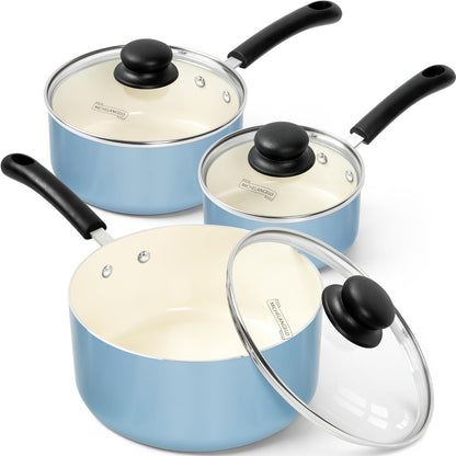 MICHELANGELO Nonstick Sauce Pan with Lid, Ceramic Saucepan Set, Non Toxic Small Saucepans Sets with Stay-Cool Handle, Induction Pots For Cooking, PTFE & PFOA Free - 1Qt & 2Qt & 3Qt, Blue