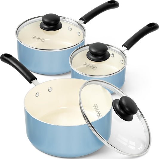 MICHELANGELO Nonstick Sauce Pan with Lid, Ceramic Saucepan Set, Non Toxic Small Saucepans Sets with Stay-Cool Handle, Induction Pots For Cooking, PTFE & PFOA Free - 1Qt & 2Qt & 3Qt, Blue