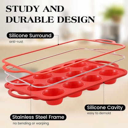 3 Pcs Silicone Baking Pan Set - Including 1 Pc Mini Loaf Pan, 1 Pc Standard Muffin Pan and 1 Pc Mini Muffin Pan - Silicone Cupcake Molds With Metal Reinforced Frame (Red)
