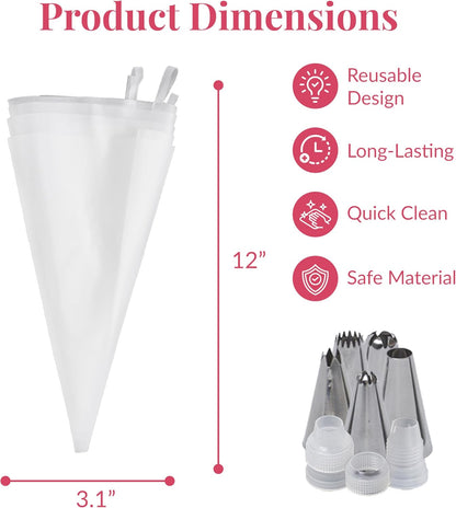 Prestee Reusable Piping Bags and Tips Set - 5 TPU 12-Inch Piping Bags with 5 Metal Icing Tips and 2 Couplers - Flexible and Durable Frosting Piping Kit for Cake Cupcake Cookie Decorating - Transparent