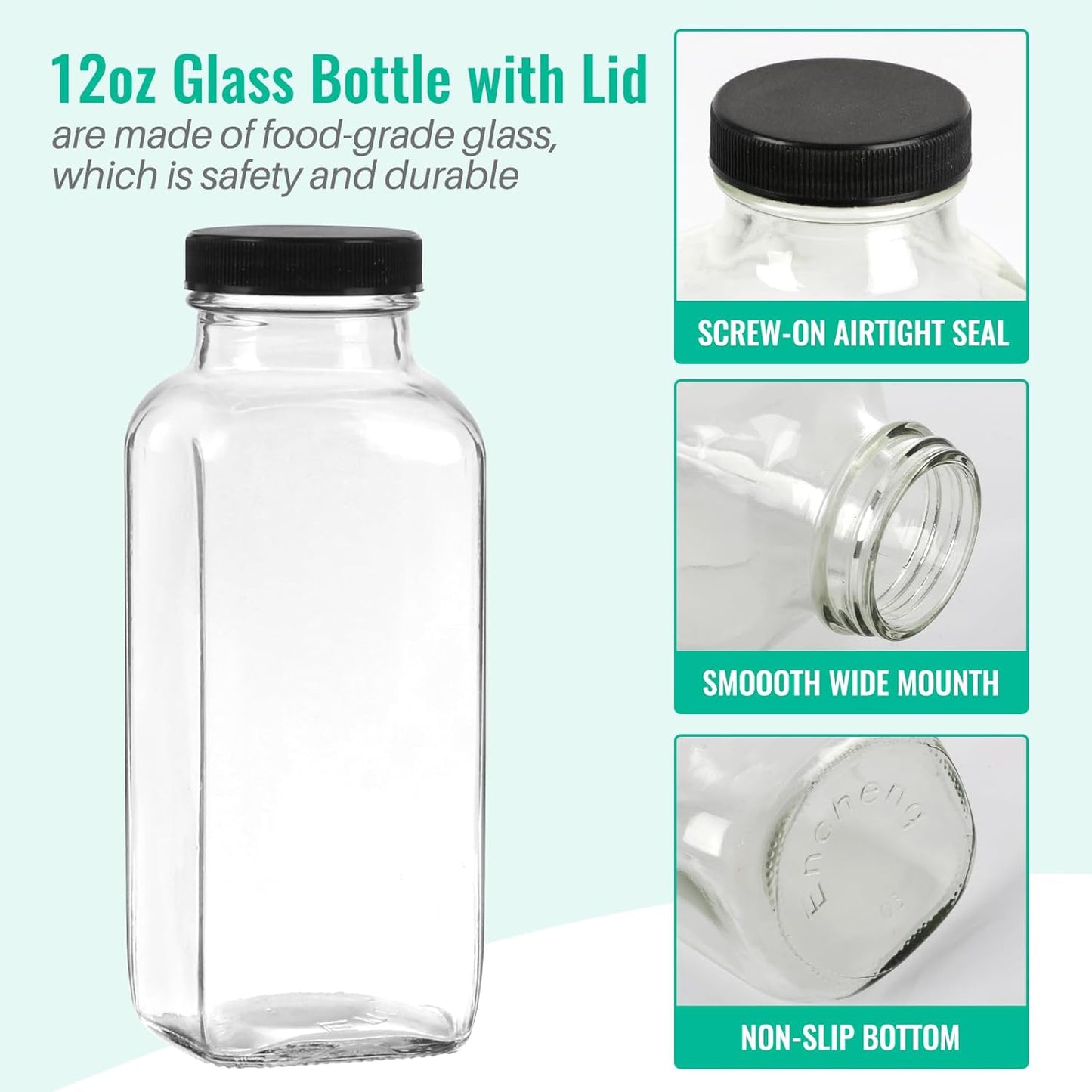 12 oz Glass Juice Bottles with Lids 12 Pack,Reusable Glass Drink Bottles,350ml Water Drinking Jars for Milk,Juicing,Kombucha,Ginger,Beverage Glassware,Juice Drinking Jars